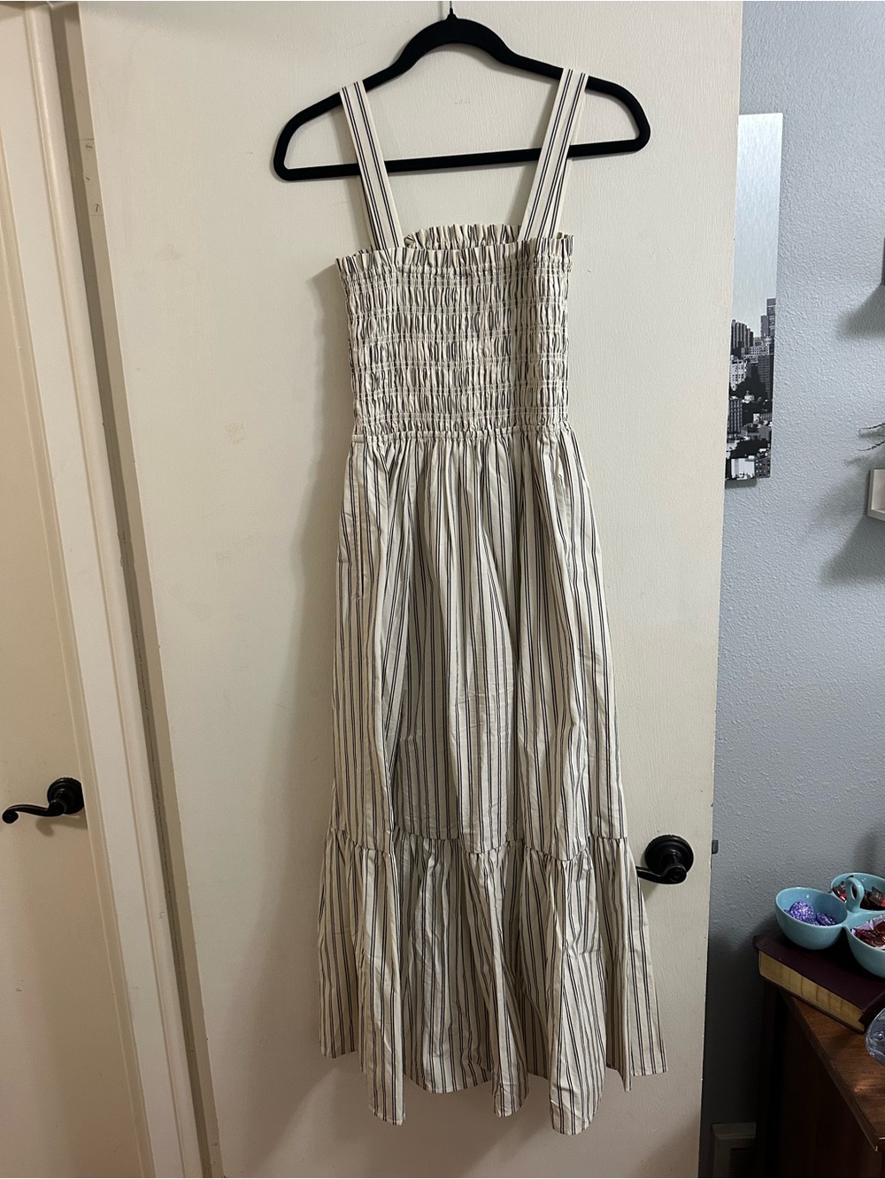 Striped Smocked Midi Sundress in Cream and Charcoal - Picture 3 of 6